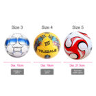 Three soccer balls are displayed: Size 3 (18cm) for childrens games, Size 4 (19cm) for youths games, and Size 5 (21.5cm) for standard adults games. The balls feature various colors and patterns, with brand names visible.