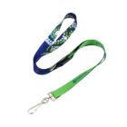 A lanyard featuring a green and blue design. The green section has text and a water droplet graphic, while the blue section displays a dotted pattern. It includes a metal hook clasp for attaching items.