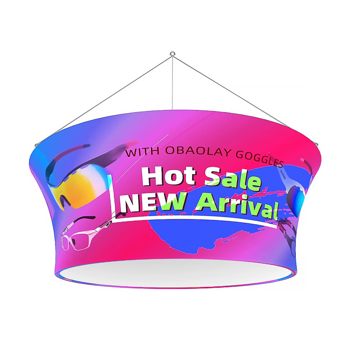 Hanging circular banner with a pink and blue gradient design, featuring images of goggles. Text reads WITH OBAOLAY GOGGLES Hot Sale NEW Arrival!.