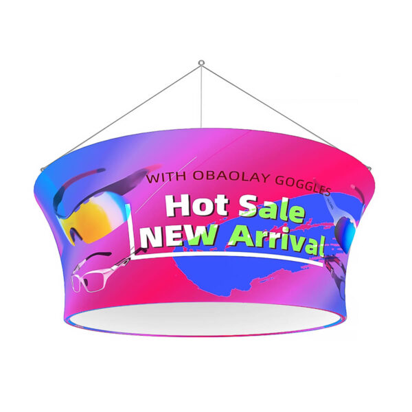 A hanging, pink and blue promotional display for Oboalay Goggles with text: Hot Sale, New Arrival featuring images of goggles.