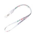 A white lanyard with a metal clip at the end. The lanyard has text in green, red, and black colors running along its length, reading Joe & Sam International Inc.