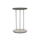 A tall, slender, round black table with a metal frame and four vertical legs. The tabletop and circular base are black, connected by silver rods. Minimalist design suitable for modern interiors.