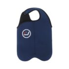 Blue neoprene bottle holder with a black handle and a circular logo featuring a stylized mountain design. The holder is designed to insulate and make carrying bottles convenient.