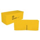 Two yellow table covers with a subtle pattern. One is shown from a side angle displaying the herald brand logo, while the other is displayed from the backside. Both have a fitted design suitable for rectangular tables.