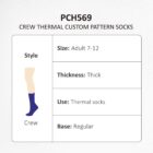 Image of a product description for PCH569 Crew Thermal Custom Pattern Socks. It includes Style: Crew, Size: Adult 7-12, Thickness: Thick, Use: Thermal socks, and Base: Regular. An illustration of a sock in blue is shown.