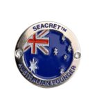 Round badge with a blue background featuring the Australian flag design. The words SEACRET and AUSTRALIAN FOUNDER are inscribed in silver around the edge.