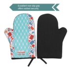 Two oven mitts are shown. One features a colorful kitchen utensil pattern on a blue diamond background, and the other is plain black. A caption reads, Excellent non-slip grip offers added security.