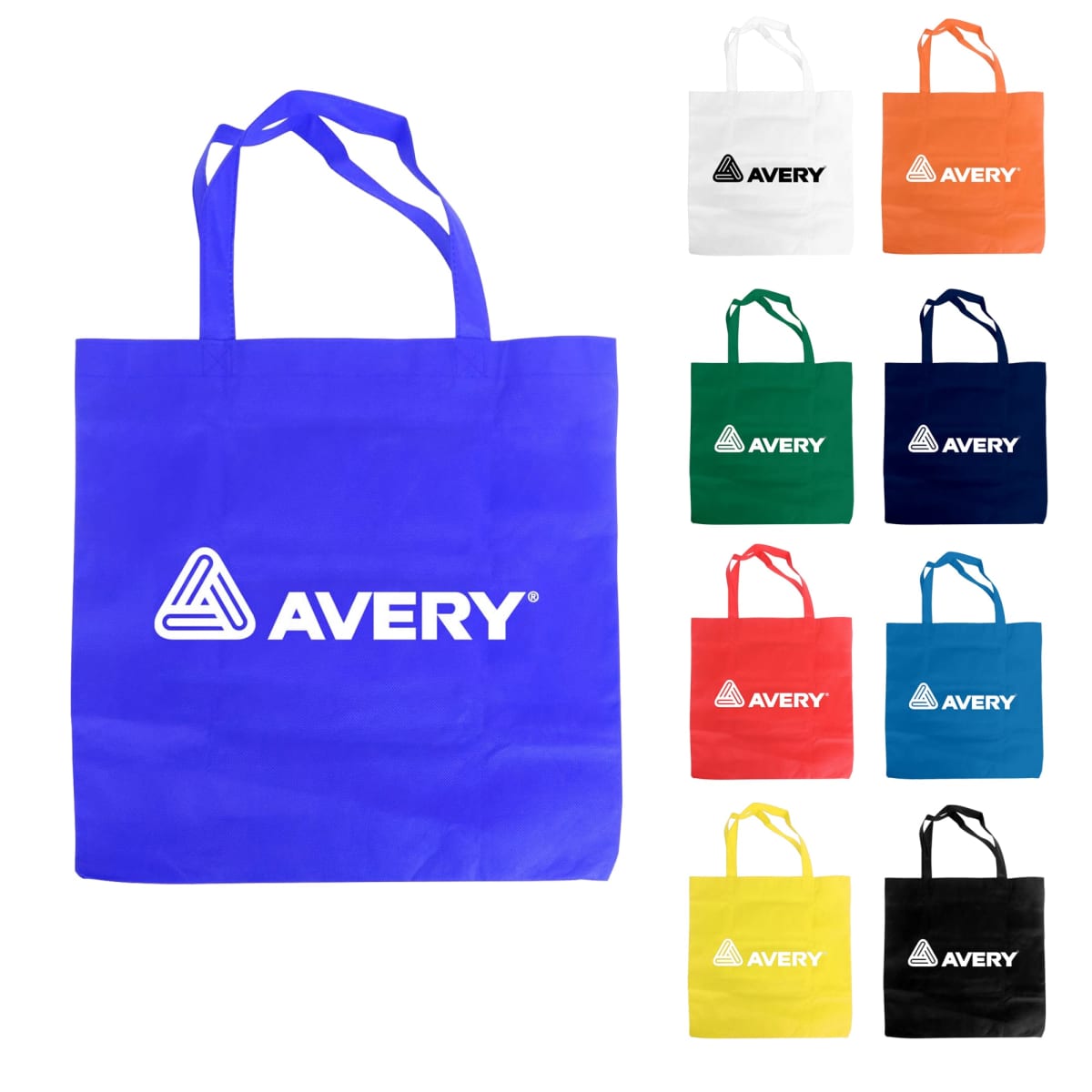 Nine colorful tote bags, each with the Avery logo. The bags are in various colors: blue, white, orange, green, red, cyan, pink, yellow, and black. The largest blue bag is on the left, and the others are arranged in a grid on the right.
