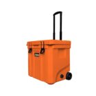 Orange wheeled cooler with a black telescopic handle and side latches. The cooler features two wheels for easy transport and has a logo on the side. It is shown against a plain white background.