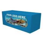 A teal tablecloth with the text YOUR LOGO HERE and an image of a sea turtle swimming over coral. The cloth appears to be designed for a rectangular table.