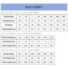 A size chart showing mens, womens, and kids sizes with measurements for chest and length in centimeters. Mens sizes range from S to 5XL, womens from L8 to L12, and kids from 6Y to 12Y. Measurements vary for each category.