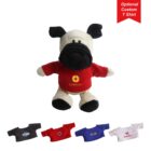 Stuffed dog toy wearing a red shirt with a company logo. Below are four small shirts in black, white, red, and blue, each featuring different logos. A red tag says Optional Custom T Shirt in the top right corner.