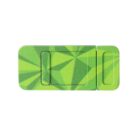 A green plastic webcam cover with a geometric pattern. It has a rectangular shape with a sliding mechanism to open and close.