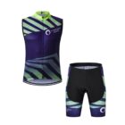 Sleeveless cycling jersey and shorts set with a geometric design in dark blue, lime green, and black. The jersey features a front zipper and the set has a circular logo with placeholder text.