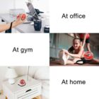 A collage of three images: Top left shows a hand holding a small container labeled At office, near a laptop. Top right shows a woman stretching, labeled At gym. Bottom shows the container on a bedside table labeled At home.
