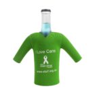 A bottle wearing a green sleeve shaped like a shirt with text. The shirt reads I Love Cans and features the Sydney Breast Cancer Foundation logo with a ribbon. Website www.sbcf.org.au is also printed on it.