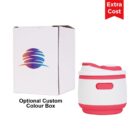 Foldable white and pink silicone cup with lid, next to a white box with a colorful logo. Text reads Optional Custom Colour Box and Extra Cost.
