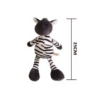 A plush zebra toy with black and white stripes is lying on a white background. The toy is positioned next to a vertical line indicating a height measurement of 25 cm.