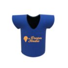 A blue T-shirt-shaped bottle holder with the text Ice Cream Studio in orange letters and an ice cream cone graphic on the front.