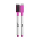 Two pink and white dry erase markers with erasers and customizable logos.