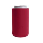 A silver can wrapped in a plain red neoprene koozie, set against a white background.