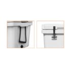 The image shows two close-up views of a white coolers features: a black rope handle on one side, and a black T-shaped latch on the other side. Both parts are framed separately with thin orange lines.