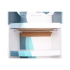 Empty cardboard display stand with two shelves, featuring blue and white colors, and a Logo placeholder at the top.