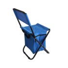 Blue folding camping chair with a storage compartment at the bottom, featuring a metal frame and fabric seat and backrest. The storage section is integrated beneath the seat, designed for portability and convenience.