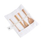 A set of wooden cutlery, including a spoon, fork, knife, and chopsticks, neatly placed in a white fabric pouch. The cutlery is secured with an elastic band, and the pouch has a button closure.