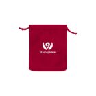 A red drawstring pouch with a white logo of a person raising arms encircled by lines, above the text startupideas.