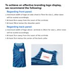 A sleeveless shirt with blue dynamic lines and a red-outlined logo displayed. Instructions detail logo sizing and placement: 11cm wide on chest, 8cm from armhole seam, and 18cm below shoulder. Back armhole logo max 24cm, 3cm from neck and armhole seams.