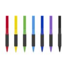 Seven ballpoint pens in a row, each with a black grip and a different colored cap and tip: red, yellow, green, light blue, blue, purple, and black, against a white background.