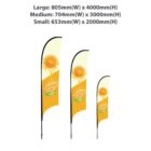 Three feather flags of different sizes displaying an orange slice design on a yellow background. The sizes are labeled: Large (805mm x 4000mm), Medium (704mm x 3000mm), and Small (653mm x 2000mm).
