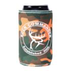 A camo-patterned can cooler with Buck Commander and a deer antler logo. The text Established 2006 is below the logo. A black can is inside the cooler.