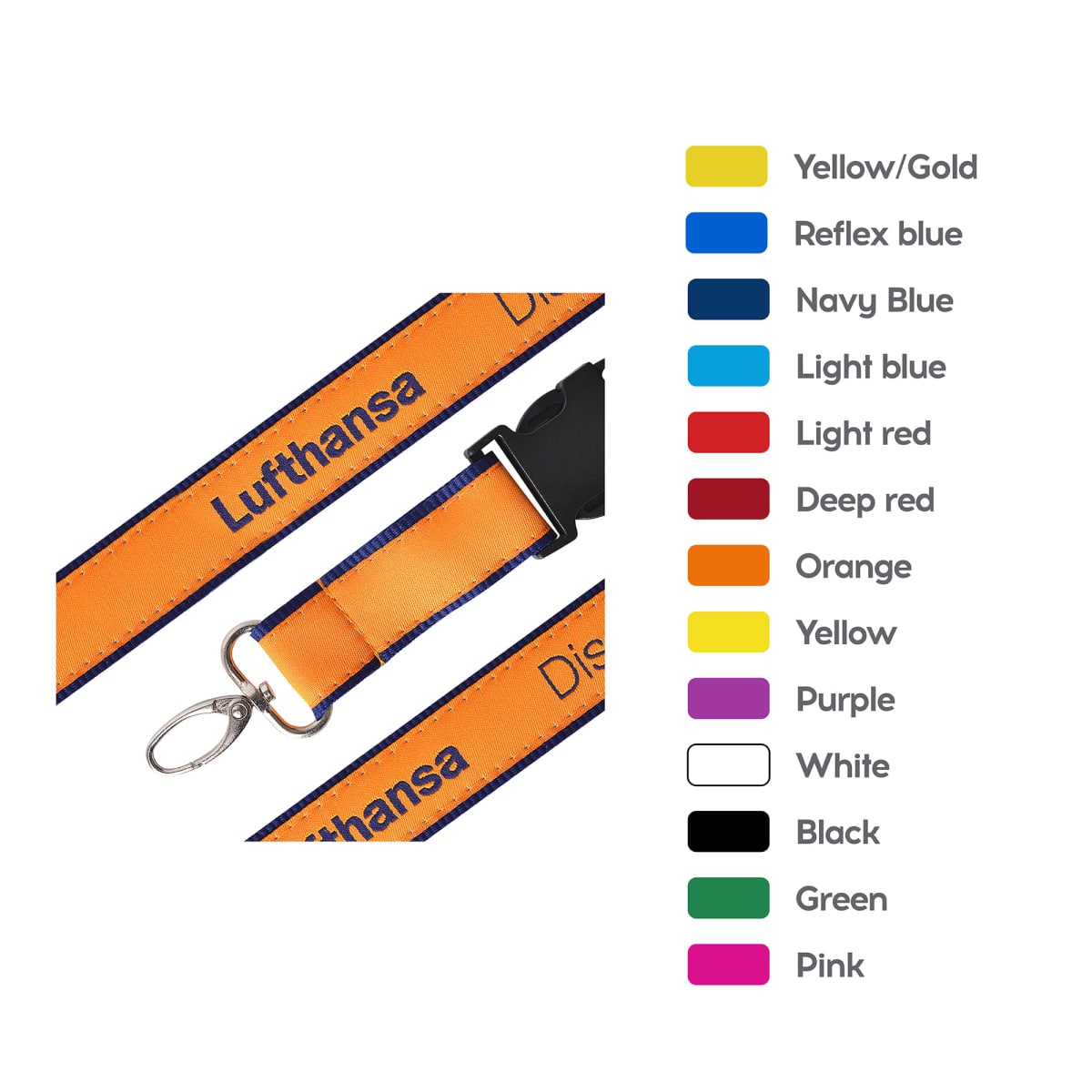 Close-up of an orange Lufthansa lanyard with a metal clip. On the right, theres a color chart featuring twelve colors: yellow/gold, reflex blue, navy blue, light blue, light red, deep red, orange, yellow, purple, white, black, green, and pink.