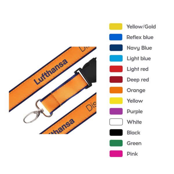 Close-up of an orange Lufthansa neck strap with a metal clip. To the right, a color chart featuring Yellow/Gold, Reflex blue, Navy Blue, Light blue, Light red, Deep red, Orange, Yellow, Purple, White, Black, Green, and Pink.