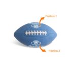 A blue American football with CloudDrone printed on it. Two arrows labeled Position 1 and Position 2 indicate rotation points around the horizontal axis of the ball.