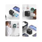 Travel adapter with various plugs shown in use and charging devices.