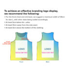 Instructional diagram showing guidelines for logo placement on the front and back of a sleeveless shirt. Logos should be 30cm wide, at least 5cm below the collar, 12cm from arm joint, and 3cm above the bottom.