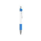 A retractable ballpoint pen with a white body, blue accents on the grip and clip, and a silver tip. The pen is centered on a white background.
