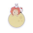 Illustration of a cartoon lion resting on a large, yellow circle, resembling a planet. A small, cute rabbit is sitting on the lions mane. The background is plain white.