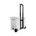 A white wheeled cooler with a black telescopic handle, designed for easy transport. The cooler has a sturdy build with two large black wheels on the back. The lid is securely closed, suitable for outdoor activities.