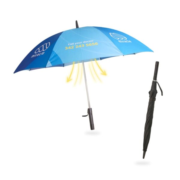 Open blue umbrella with a doctors contact info and a logo on it. Yellow arrows indicate airflow features. A closed black umbrella is shown next to it.