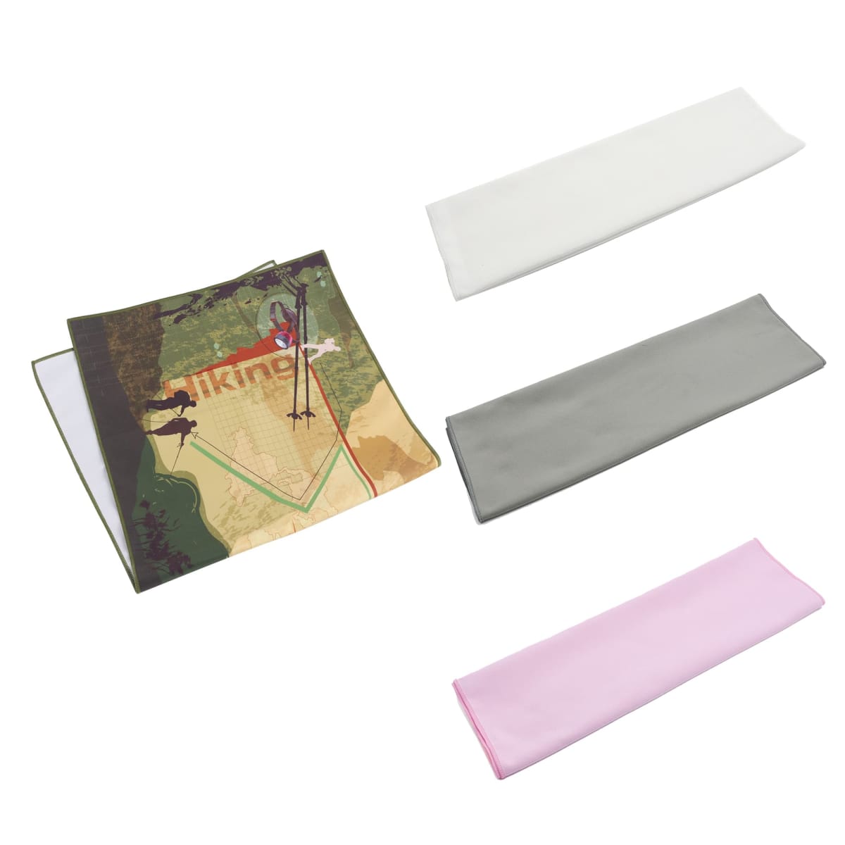 Three folded rectangular cloths in white, gray, and pink are arranged alongside an unfolded cloth displaying an illustrated hiking map with trees and a trail.