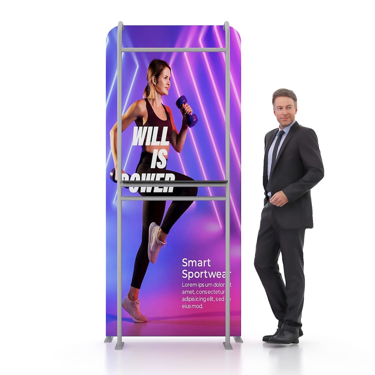 A poster displays a woman in athletic attire running with the text WILL IS POWER. A man in a suit stands beside the poster, posing. The background features vibrant purple lighting.
