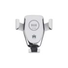 A silver and white wireless car phone charger with adjustable arms, designed to hold a device securely while charging. It features a small car icon at the bottom, signifying compatibility with automotive use.