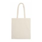 A plain, off-white canvas tote bag with two long handles, lying flat against a white background.