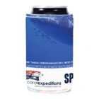 A canned beverage with a blue and white koozie featuring oceanic imagery. Its branded with Coral Expeditions and has text referencing Cenderawasih Bay, West Papua. The top part of the can is visible above the koozie.