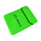 A bright green laptop sleeve with a black trim and a flap. The sleeve features a logo and the word charry in purple on its front.