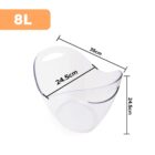Transparent plastic container with a wavy top design. It has a capacity of 8 liters, and measurements are shown: 35 cm in length, 24.5 cm in width, and 24.5 cm in height. It features a handle for easy carrying.